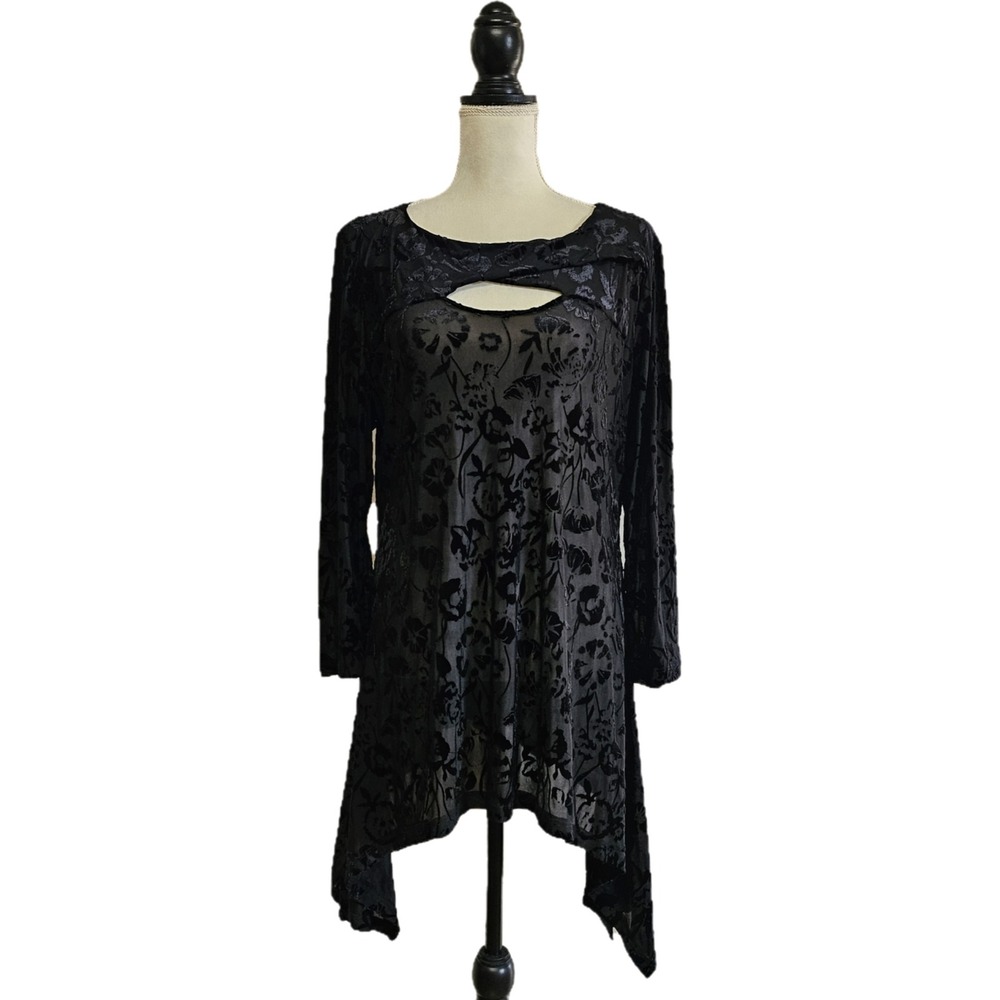 Sheer Black Floral Burnout Velvet Sharkbite Hem Top Sz XL Fairy Grunge Goth